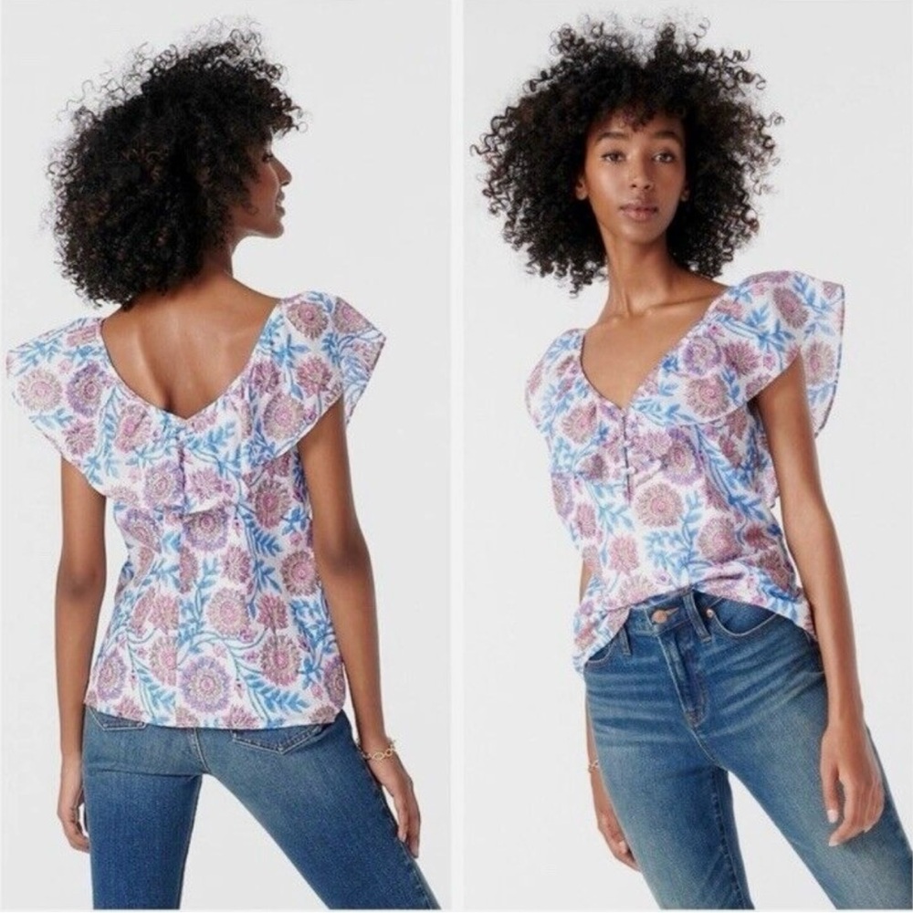 J. Crew Ruffle V-Neck Top Floral M